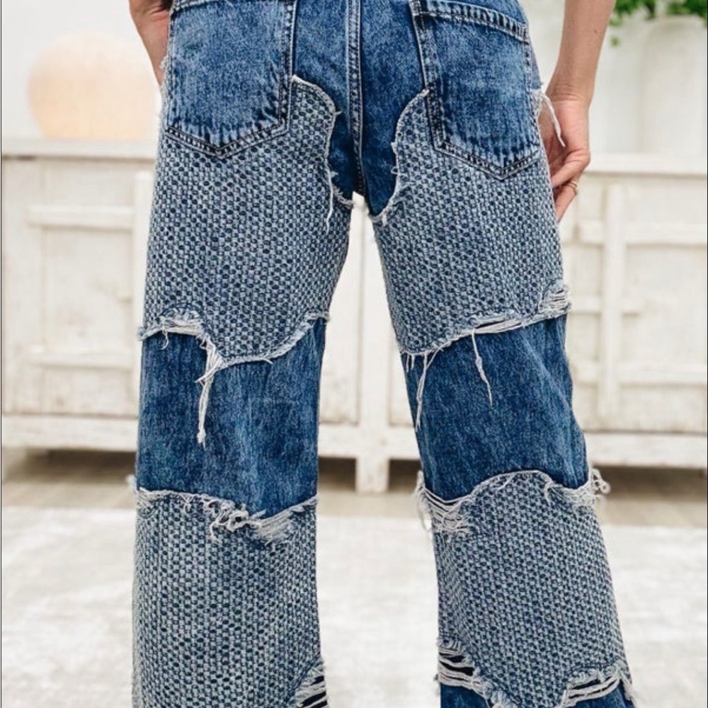 Stylish Blue Wavy Patchwork Wide Leg Jeans - Denim